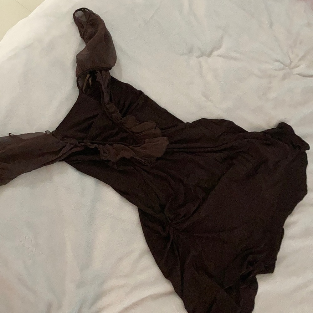 Brown off shoulder mini dress silk